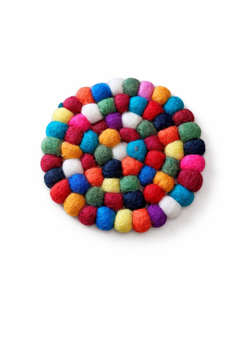 Handmade Felt Ball Coasters – Handmade Colorful Round Table Mats, 10 cm, Pack of 4 - Image 3