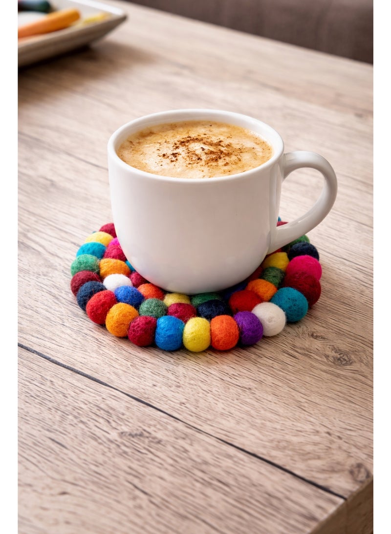 Handmade Felt Ball Coasters – Handmade Colorful Round Table Mats, 10 cm, Pack of 4 - Image 4