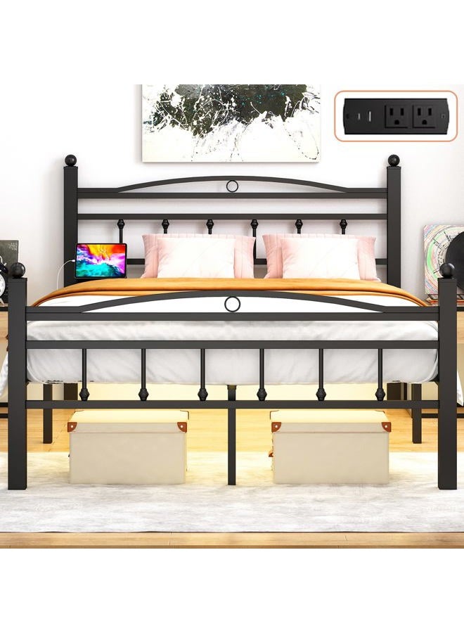Full Size Bed Frame with Headboard, Metal Platform Bed Frame with Charging Station & LED Lights, Storage Space Under Bed, No Box Spring Needed, Noise Free, Easy Assembly, Black