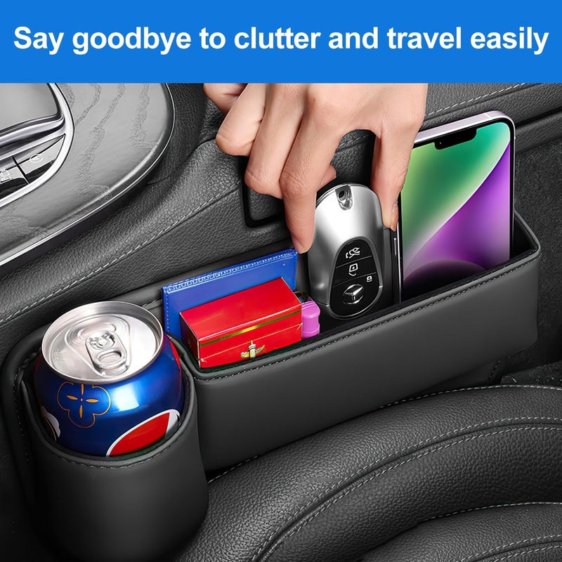 IMOLL 2 Pack Car Seat Gap Filler, Automotive Seat Leather Storage Box with Cup Holder, Universal Seat Gap Organizer, Adjustable Car Seat Storage Box, for Phones Glasses Keys Cards (Black) - Image 2