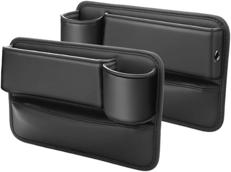 IMOLL 2 Pack Car Seat Gap Filler, Automotive Seat Leather Storage Box with Cup Holder, Universal Seat Gap Organizer, Adjustable Car Seat Storage Box, for Phones Glasses Keys Cards (Black) - Image 1