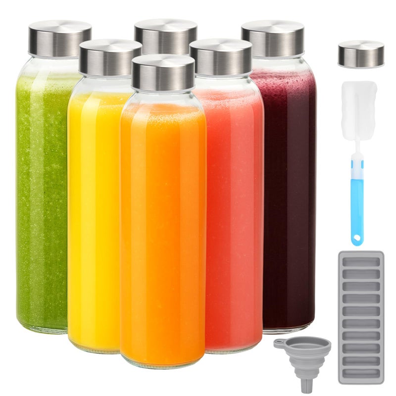 Zukro Glass Juice Bottles with Lids for Juicing 18 oz, Reusable Clear Glass Water Bottles with Stainless Steel Airtight Cap for Refrigerator, 100% Leak Proof Drinking Jar, BPA Free, Set of 6 - Image 1