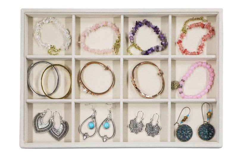 Stratalife Velvet Jewelry Organizer Stackable Earrings Organizer 12 Grid Bracelet Organizer Jewelry Drawer Organizer Jewelry Holder Display for Earring Necklace Women Girls Beige - Image 1