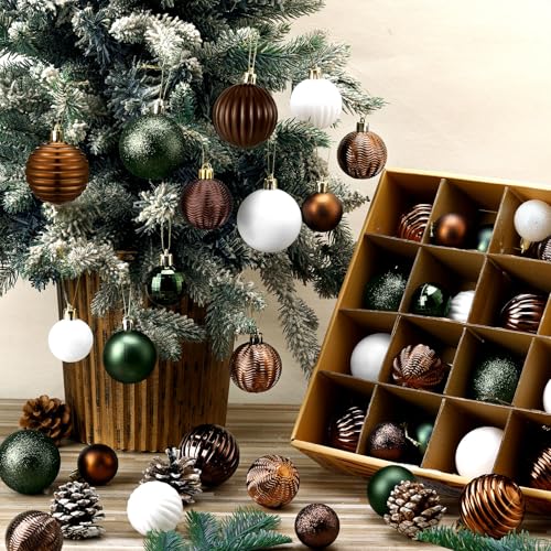 Lunmon 64 Pcs Neutral Christmas Ball Ornaments Brown Green White Xmas Bulbs Ornament 1.6/1.97/2.4 Inch Vintage Xmas Baubles Assorted Size Modern Christmas Decoration for Tree Holiday Indoor Home Decor - Image 1