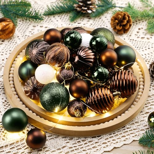 Lunmon 64 Pcs Neutral Christmas Ball Ornaments Brown Green White Xmas Bulbs Ornament 1.6/1.97/2.4 Inch Vintage Xmas Baubles Assorted Size Modern Christmas Decoration for Tree Holiday Indoor Home Decor - Image 4