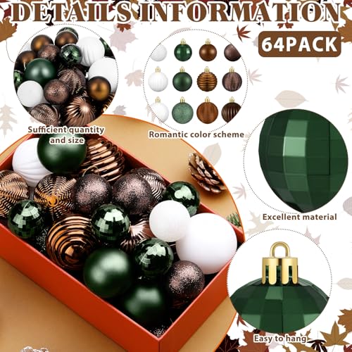 Lunmon 64 Pcs Neutral Christmas Ball Ornaments Brown Green White Xmas Bulbs Ornament 1.6/1.97/2.4 Inch Vintage Xmas Baubles Assorted Size Modern Christmas Decoration for Tree Holiday Indoor Home Decor - Image 3