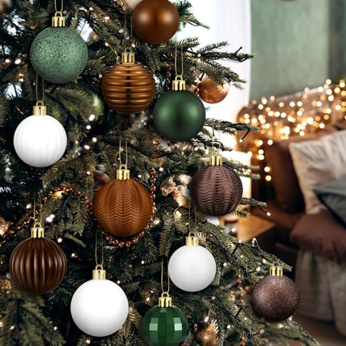Lunmon 64 Pcs Neutral Christmas Ball Ornaments Brown Green White Xmas Bulbs Ornament 1.6/1.97/2.4 Inch Vintage Xmas Baubles Assorted Size Modern Christmas Decoration for Tree Holiday Indoor Home Decor - Image 5