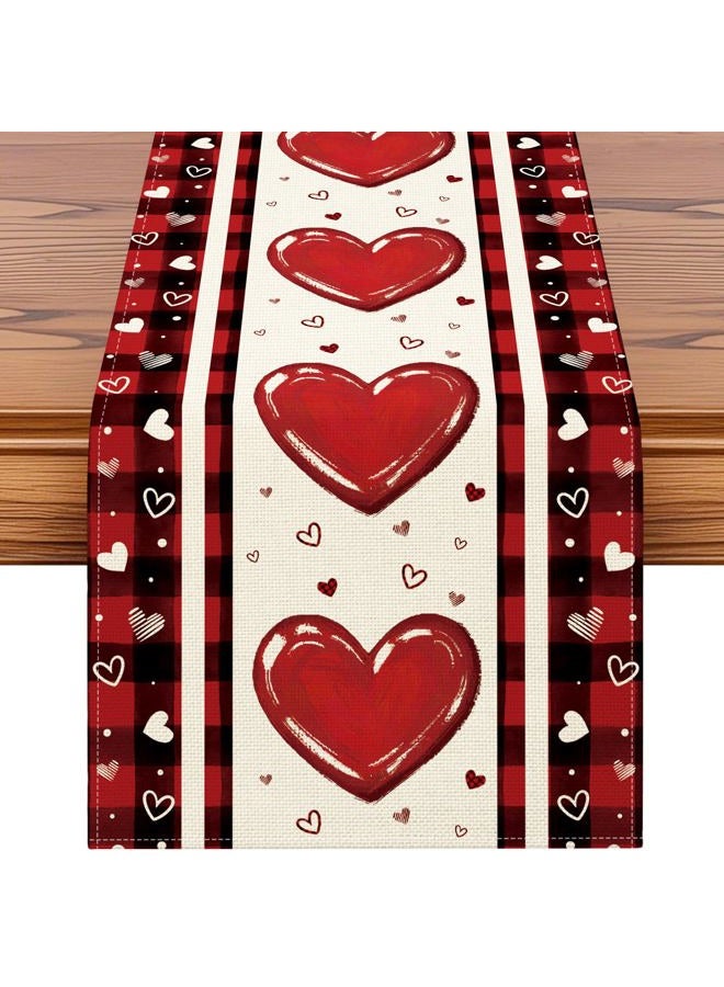 Artscope Buffalo Plaid Love Hearts Valentine's Day Table Runner, Anniversary Wedding Holiday Kitchen Dining Table Decoration for Valentine Home Decor 13x72 Inch - Image 1
