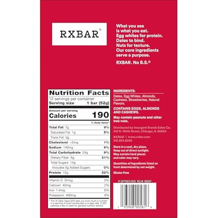 RXBAR بار بروتين RXBAR، 12 جرام بروتين، وجبات خفيفة خالية من الجلوتين، فراولة، علبة 22 أونصة (12 بار) - Image 3