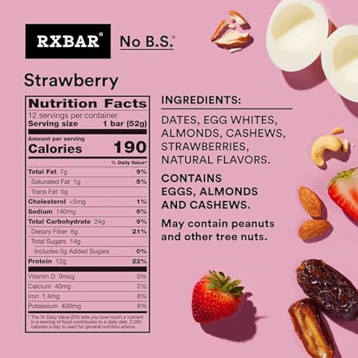 RXBAR بار بروتين RXBAR، 12 جرام بروتين، وجبات خفيفة خالية من الجلوتين، فراولة، علبة 22 أونصة (12 بار) - Image 2