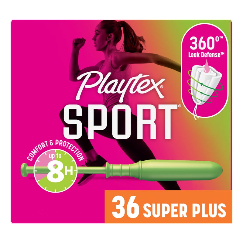 playtex تامبون بلايتكس سبورت سوبر بلس بامتصاص عالٍ خالي من العطور 36 قطعة تامبونات سوبر بلس للنساء للعناية النسائية تامبون بلايتكس مع دفاع 360 ضد التسرب - Image 1
