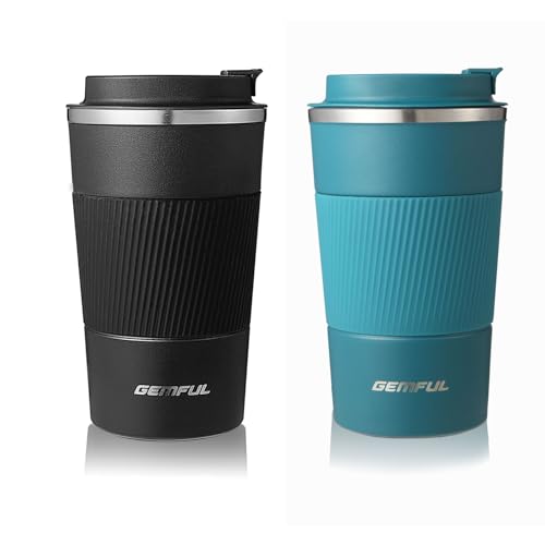 GEMFUL Travel Coffee Mug 2 Pack Insulated To Go Tumbler with Lid Portable Stainless Steel Reusable Cups Leak proof for Women Hot Cold Drinks 17oz Black and Blue - Image 1