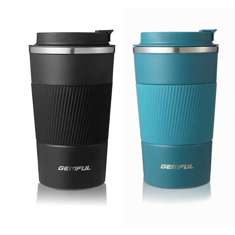 GEMFUL Travel Coffee Mug 2 Pack Insulated To Go Tumbler with Lid Portable Stainless Steel Reusable Cups Leak proof for Women Hot Cold Drinks 17oz Black and Blue - Image 2