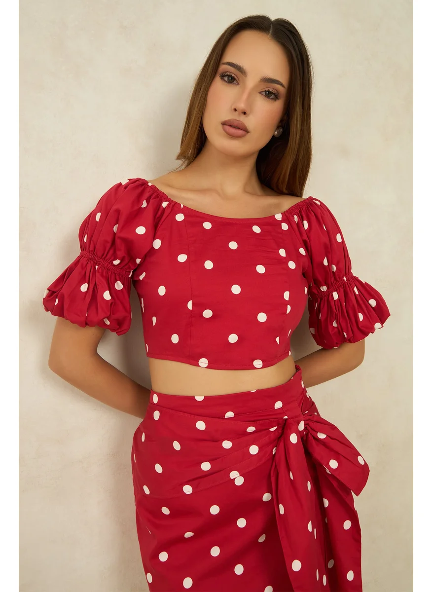 فيرجيو Virgio Women Cotton Wide Neck Crop Length Printed Puff Top