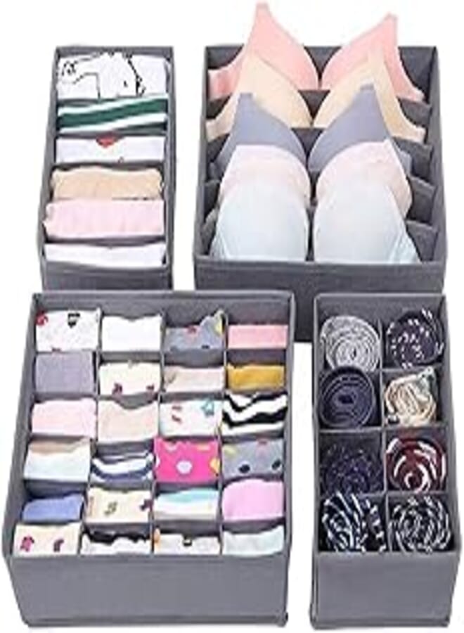 4 Pack Foldable Closet Underwear Organizer, Storage Boxes Under Bed Organizer for Underwear, Bras, Socks, Ties, Belts, Tank Tops - Drawer Dresser Divider - Closet Organizers