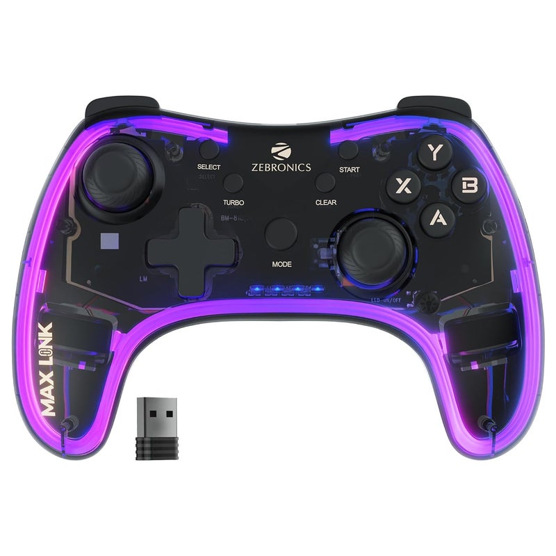 ZEBRONICS MAX LINK Wireless Gamepad, Dual motors Haptic feedback, Built-in rechargeable battery, RGB light, Plug & play, Supports (Windows | Android) - Image 1