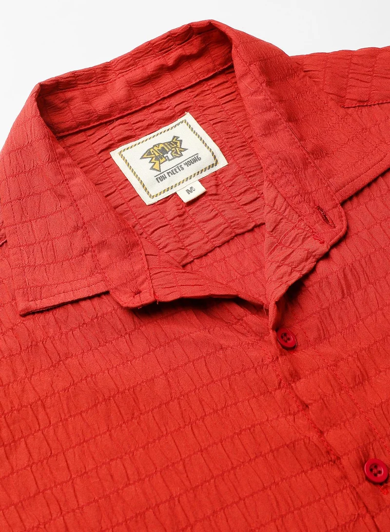 Campus Sutra Men's Red Ruched Regular Fit Casual Shirt