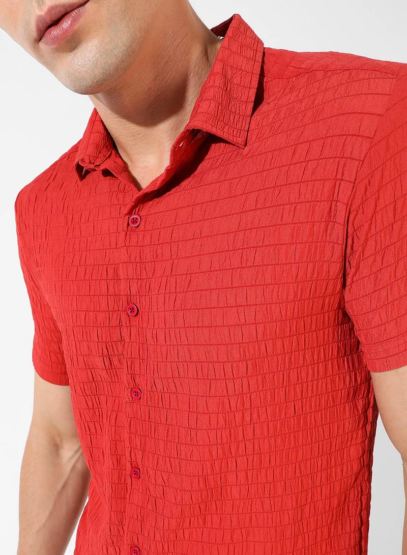 Campus Sutra Men's Red Ruched Regular Fit Casual Shirt