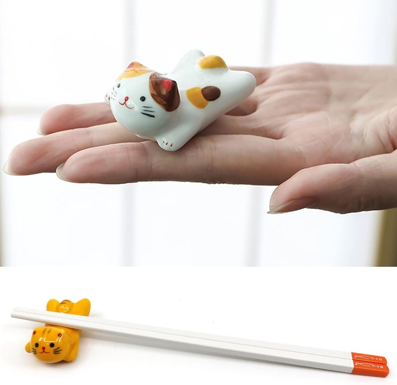 Five-piece set Japanese ceramic lucky cat chopsticks rack cute cat tableware holder can put spoon Fork knife brush color - Image 4