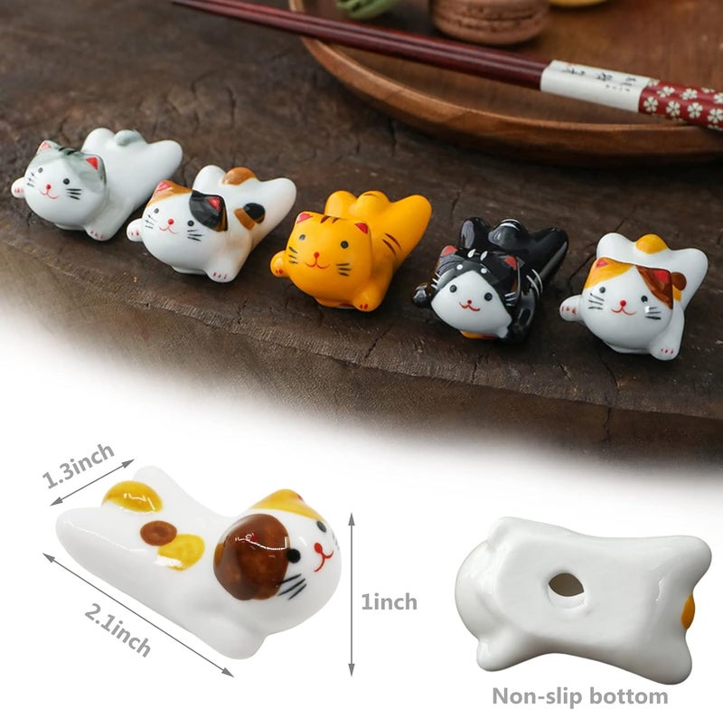 Five-piece set Japanese ceramic lucky cat chopsticks rack cute cat tableware holder can put spoon Fork knife brush color - Image 2