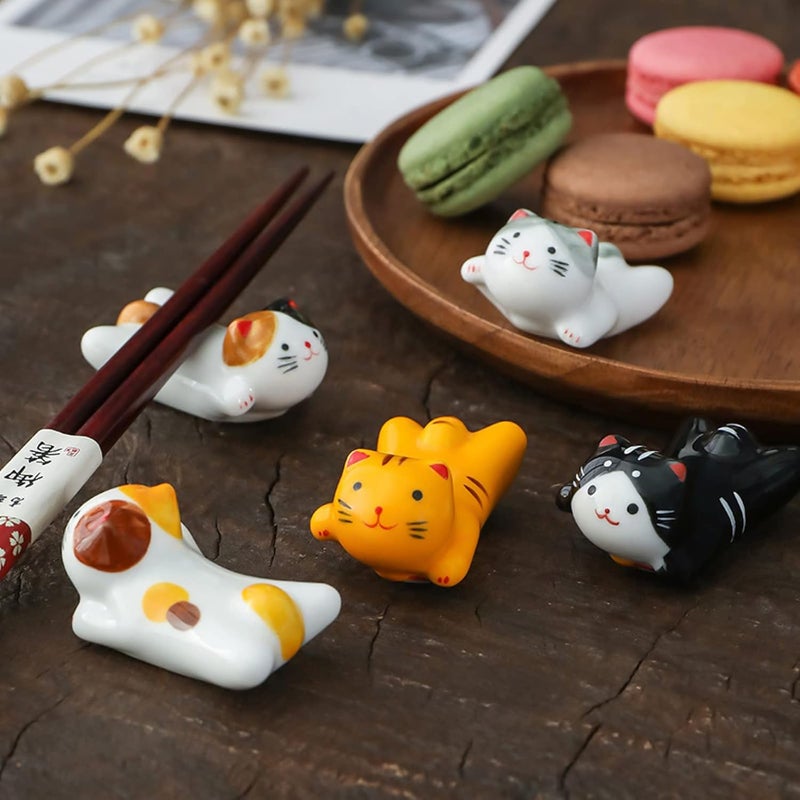Five-piece set Japanese ceramic lucky cat chopsticks rack cute cat tableware holder can put spoon Fork knife brush color - Image 3