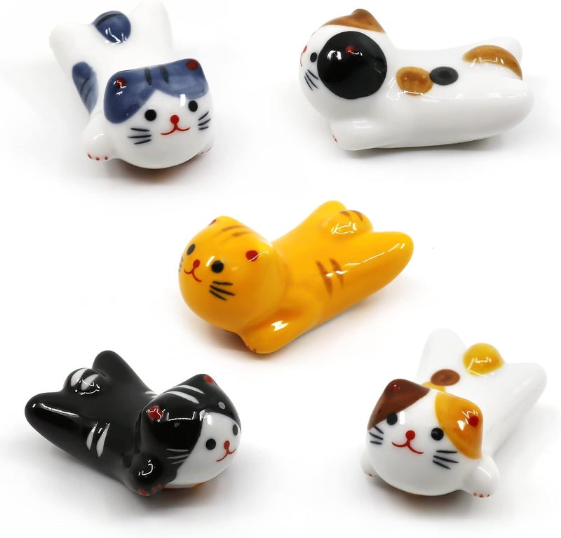 Five-piece set Japanese ceramic lucky cat chopsticks rack cute cat tableware holder can put spoon Fork knife brush color - Image 1