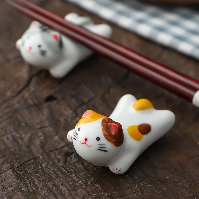 Five-piece set Japanese ceramic lucky cat chopsticks rack cute cat tableware holder can put spoon Fork knife brush color - Image 5