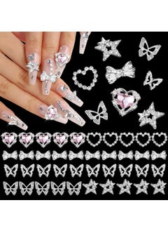 CESUSME 40 PCS 3D Silver Star Heart Nail Gems Charms Nail Charms, Alloy Butterfly Heart Nail Charms Star Pentagram Bow Bowknot Metal Nail Heart Diamond Nail Art Jewels Charms for Nail Art DIY Design 