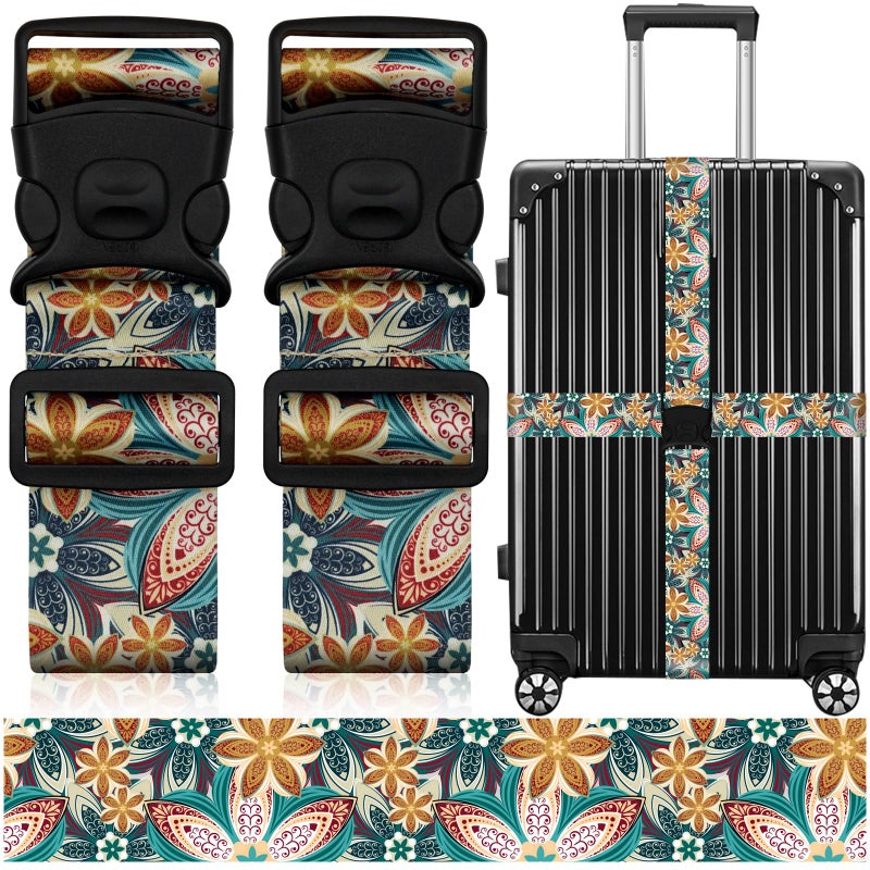 ZHOMA 2 Pack Luggage Straps for Suitcases, Adjustable Travel Belt with Double Lock and Quick Release Buckle, Heavy Duty Nylon Bag Packing Strap, Unique Identifiers Business Travel Accessories-Green Flowers - Image 1