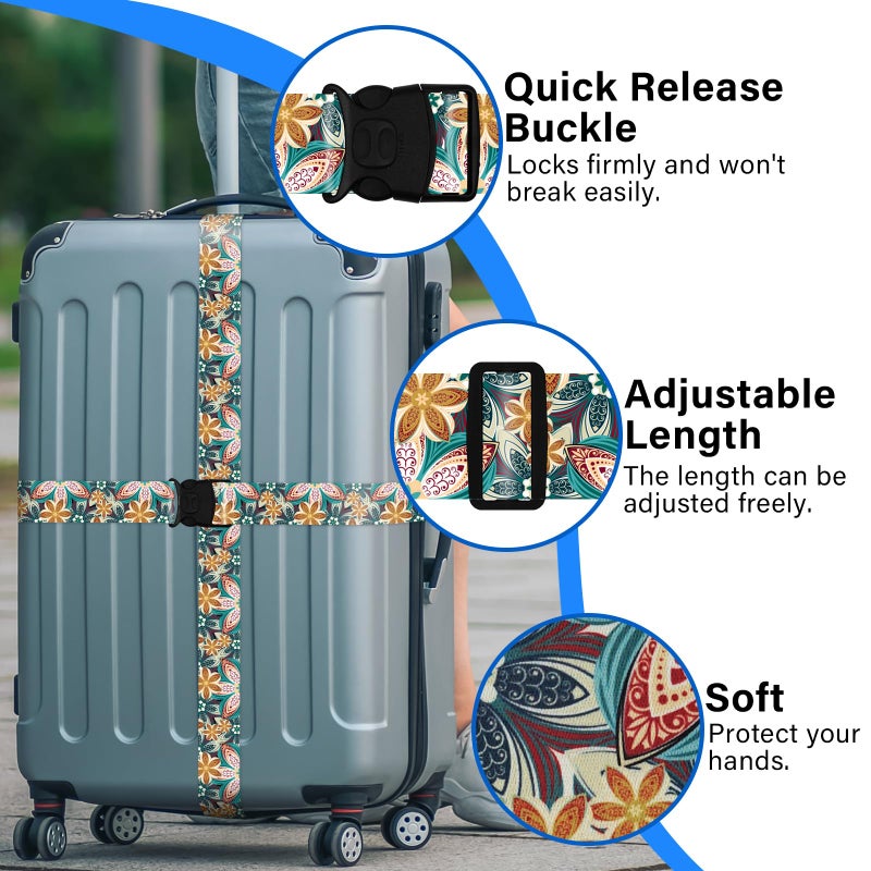 ZHOMA 2 Pack Luggage Straps for Suitcases, Adjustable Travel Belt with Double Lock and Quick Release Buckle, Heavy Duty Nylon Bag Packing Strap, Unique Identifiers Business Travel Accessories-Green Flowers - Image 4