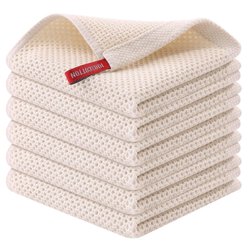 Kitinjoy 100% Cotton Kitchen Dish Cloths  6-Pack Waffle Weave Dish Towels for Drying Dishes Super Soft Absorbent Quick Drying Dish Rags  12 X 12 Inches  Beige - Image 1