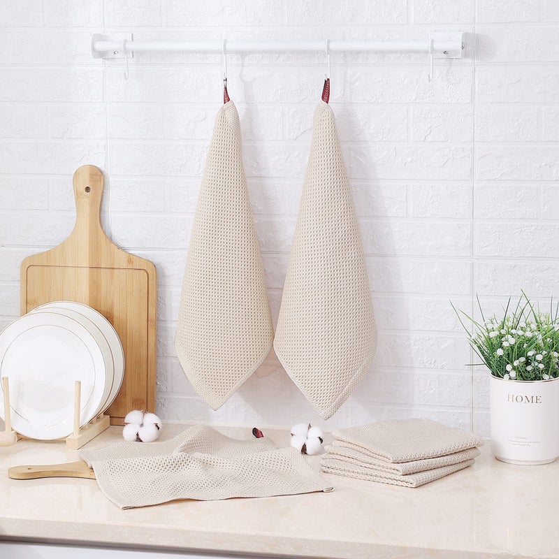 Kitinjoy 100% Cotton Kitchen Dish Cloths  6-Pack Waffle Weave Dish Towels for Drying Dishes Super Soft Absorbent Quick Drying Dish Rags  12 X 12 Inches  Beige - Image 5