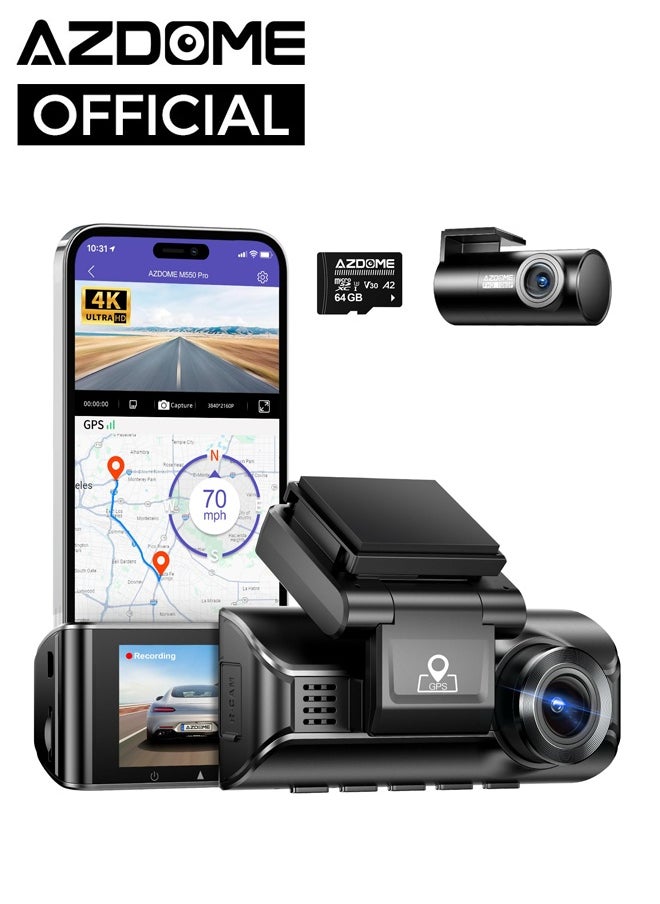 أزدوم كاميرا Dash Cam 4K أمامية وخلفية بدقة 4K، بطاقة مجانية بسعة 64 جيجابايت، كاميرا سيارة 5 جيجا هرتز واي فاي GPS، كاميرا Dashcam بشاشة IPS مقاس 3.18 بوصة، تحكم بالتطبيق بزاوية عريضة 150 درجة، رؤية ليلية WDR، وضع وقوف السيارات بمستشعر G  - Image 1