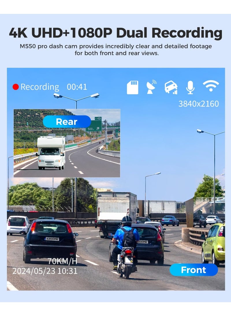 أزدوم كاميرا Dash Cam 4K أمامية وخلفية بدقة 4K، بطاقة مجانية بسعة 64 جيجابايت، كاميرا سيارة 5 جيجا هرتز واي فاي GPS، كاميرا Dashcam بشاشة IPS مقاس 3.18 بوصة، تحكم بالتطبيق بزاوية عريضة 150 درجة، رؤية ليلية WDR، وضع وقوف السيارات بمستشعر G  - Image 2