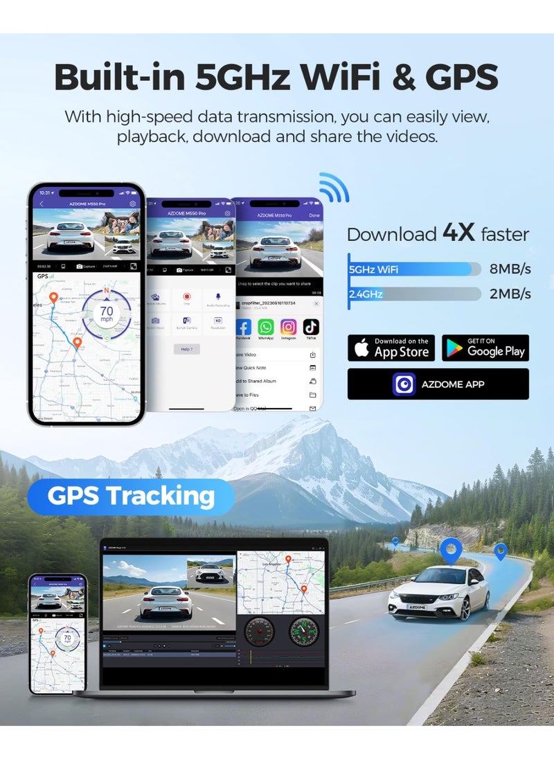 أزدوم كاميرا Dash Cam 4K أمامية وخلفية بدقة 4K، بطاقة مجانية بسعة 64 جيجابايت، كاميرا سيارة 5 جيجا هرتز واي فاي GPS، كاميرا Dashcam بشاشة IPS مقاس 3.18 بوصة، تحكم بالتطبيق بزاوية عريضة 150 درجة، رؤية ليلية WDR، وضع وقوف السيارات بمستشعر G  - Image 4