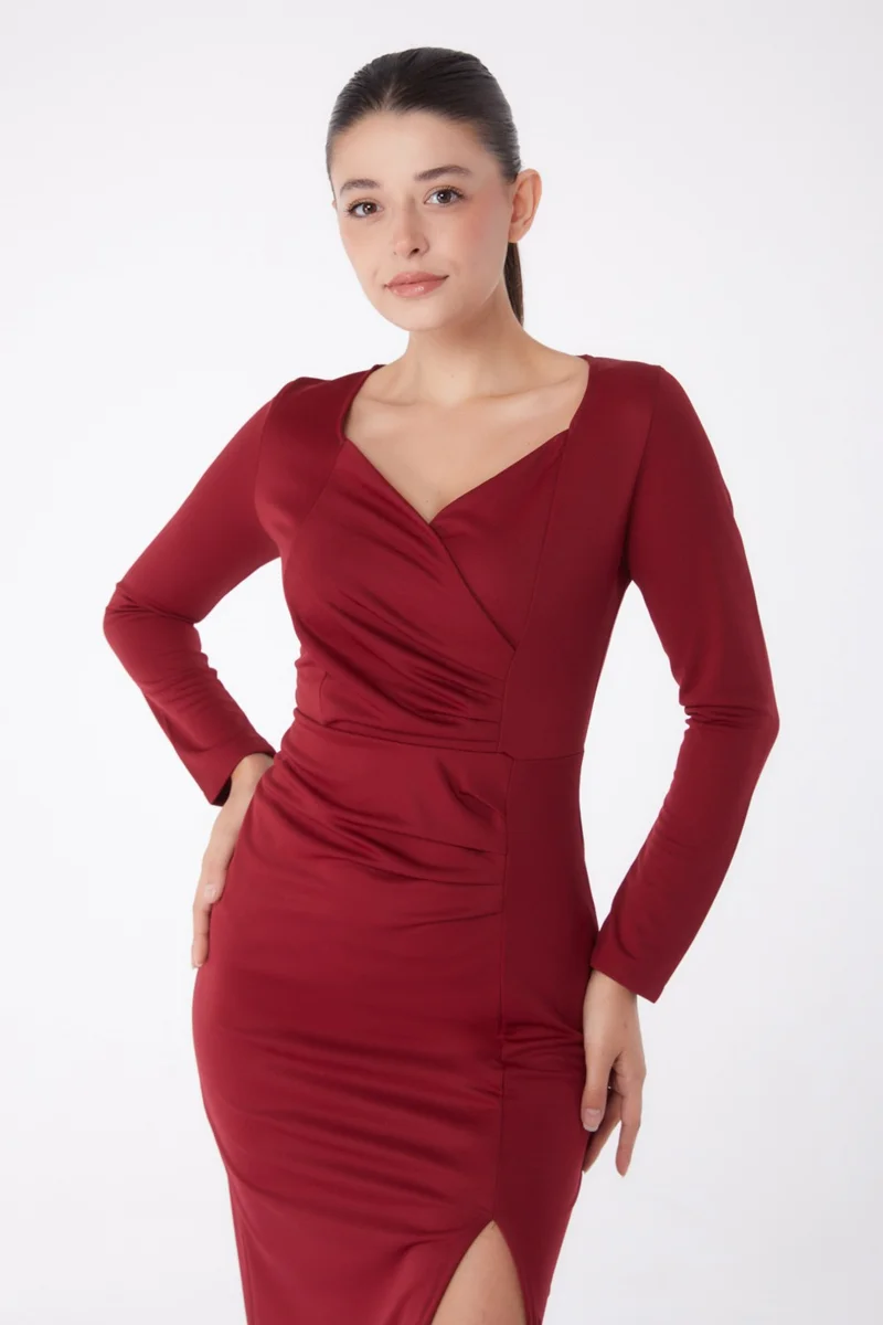 Tofisa Plain Double Breasted Women's Burgundy Evening Dress - 13254