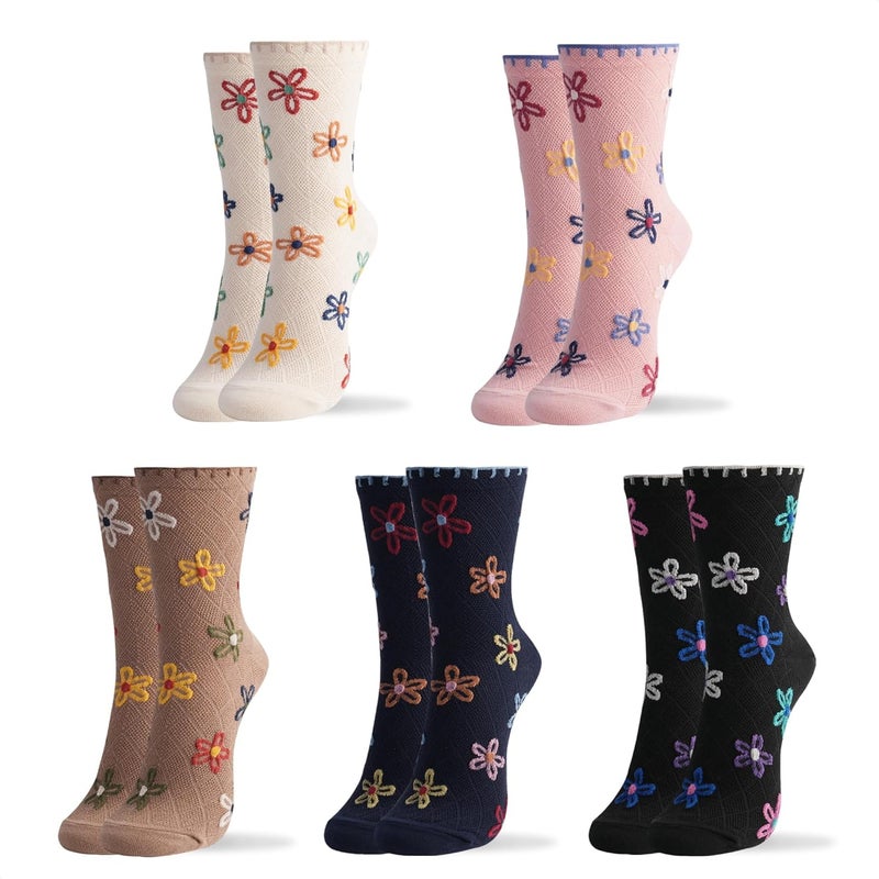 Luckam Women Crew Socks, 5 Pairs with Stripes, Flower, Rainbow, Solid, and Polka Dot Patterns, Daily Cotton Socks, US Size 6-8 - Image 1
