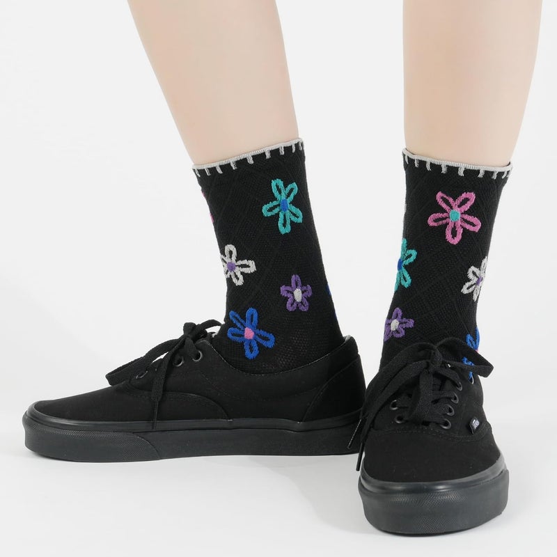 Luckam Women Crew Socks, 5 Pairs with Stripes, Flower, Rainbow, Solid, and Polka Dot Patterns, Daily Cotton Socks, US Size 6-8 - Image 5