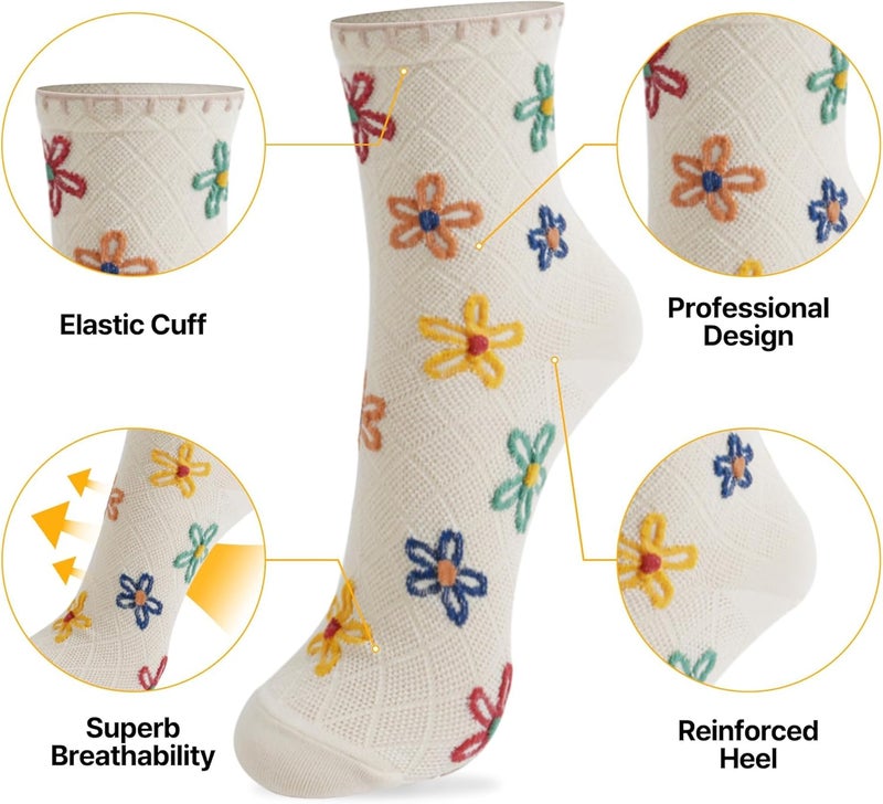 Luckam Women Crew Socks, 5 Pairs with Stripes, Flower, Rainbow, Solid, and Polka Dot Patterns, Daily Cotton Socks, US Size 6-8 - Image 4