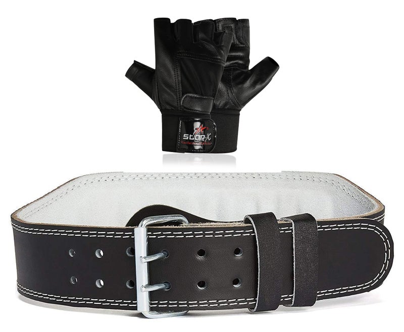 Starx Leather Unisex Fitness and Sports Large Gym Belt and Gloves (Black, Pack of 2) | Gym Equipment for Home Gym Workout Weight Lifting Strength Training & Exercise Fitness Gym Accessories - Image 1