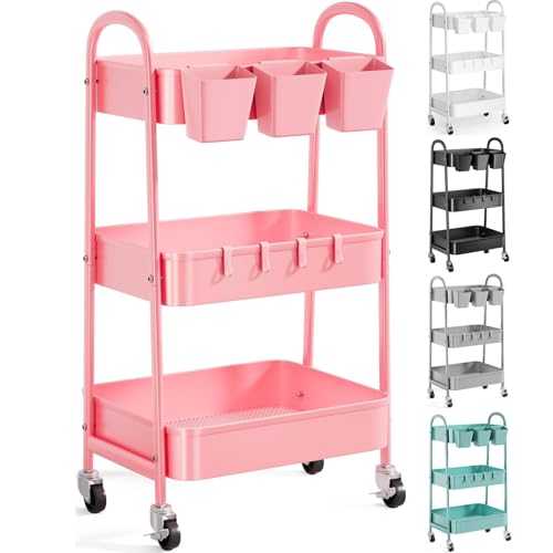 3 Tier Metal Rolling Cart with Lockable Wheels and Handle Three Tiered Pink Trolley Cart on Wheels Utility Storage Organizer for Bathroom Kitchen Teachers Art Crafts Baby Diaper Snack Nail