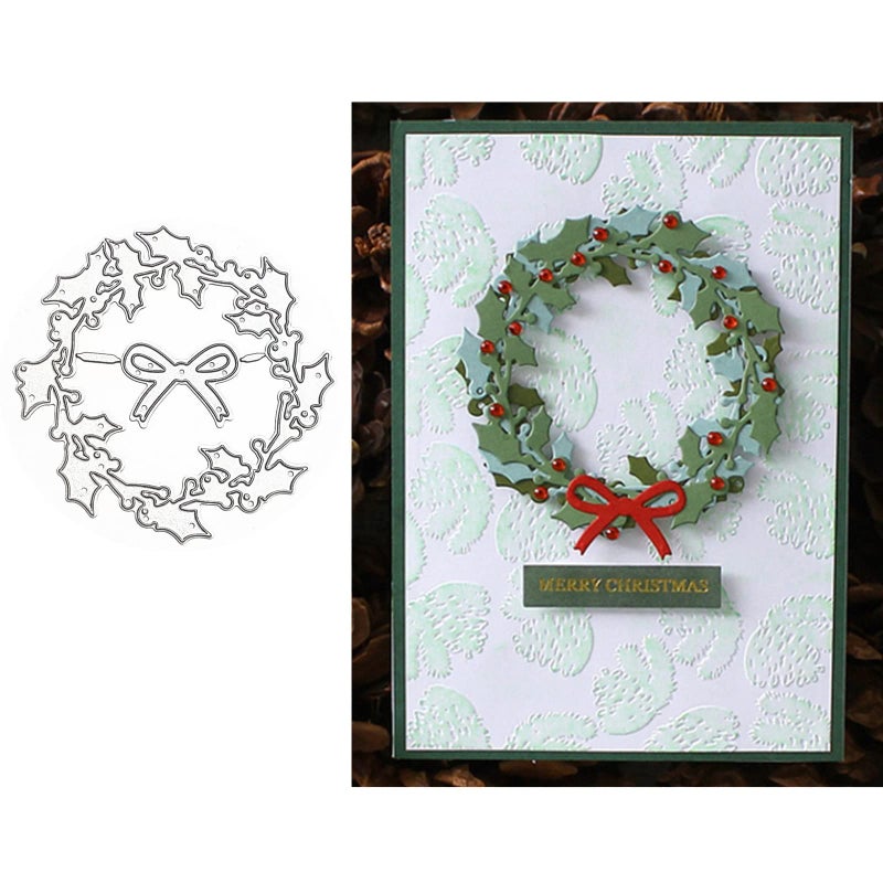 hinana Holly Leaves Wreath Metal Die Cuts, Bow Leaf Round Circle Christmas Cutting Dies Cut Stencils for DIY Scrapbooking Photo Decorative Embossing Paper Dies for Scrapbooking Card Making - Image 1