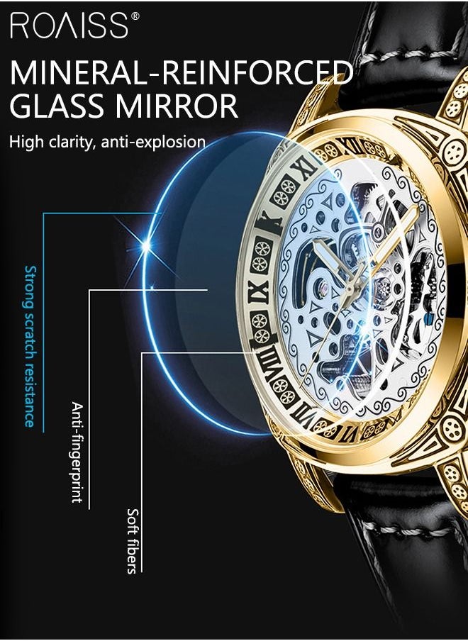 roaiss - Men's Leather Strap Mechanical Watch Analog Display Round Dial with Carved Pattern Decoration Waterproof Luminous Wristwatch as Gift for Men - Image 1