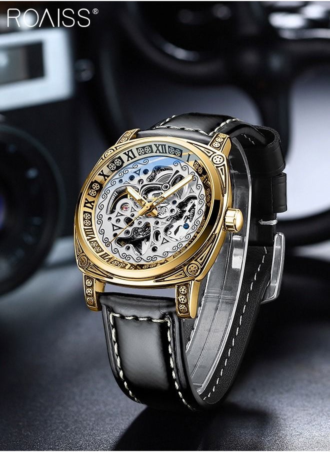 roaiss - Men's Leather Strap Mechanical Watch Analog Display Round Dial with Carved Pattern Decoration Waterproof Luminous Wristwatch as Gift for Men - Image 1