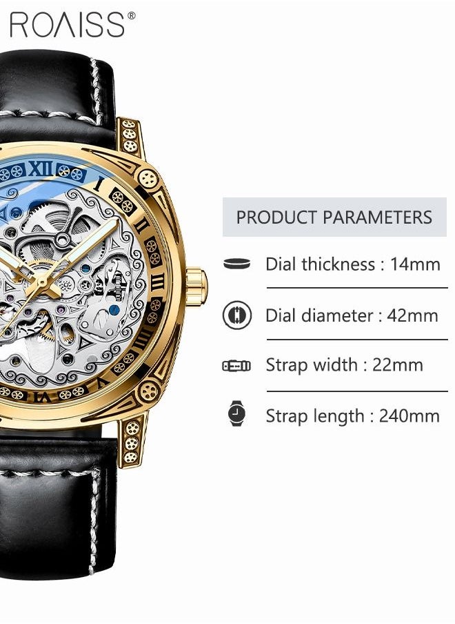 roaiss - Men's Leather Strap Mechanical Watch Analog Display Round Dial with Carved Pattern Decoration Waterproof Luminous Wristwatch as Gift for Men - Image 1