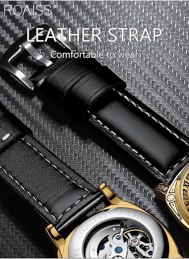 roaiss - Men's Leather Strap Mechanical Watch Analog Display Round Dial with Carved Pattern Decoration Waterproof Luminous Wristwatch as Gift for Men - Image 1
