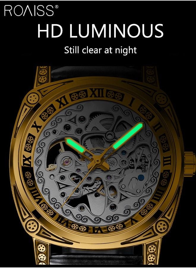 roaiss - Men's Leather Strap Mechanical Watch Analog Display Round Dial with Carved Pattern Decoration Waterproof Luminous Wristwatch as Gift for Men - Image 1