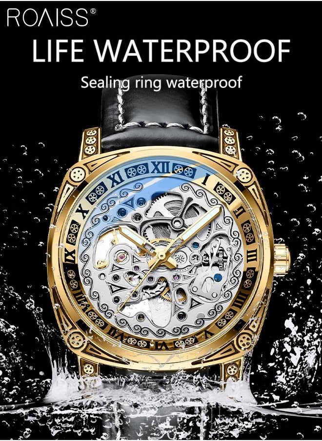 roaiss - Men's Leather Strap Mechanical Watch Analog Display Round Dial with Carved Pattern Decoration Waterproof Luminous Wristwatch as Gift for Men - Image 1