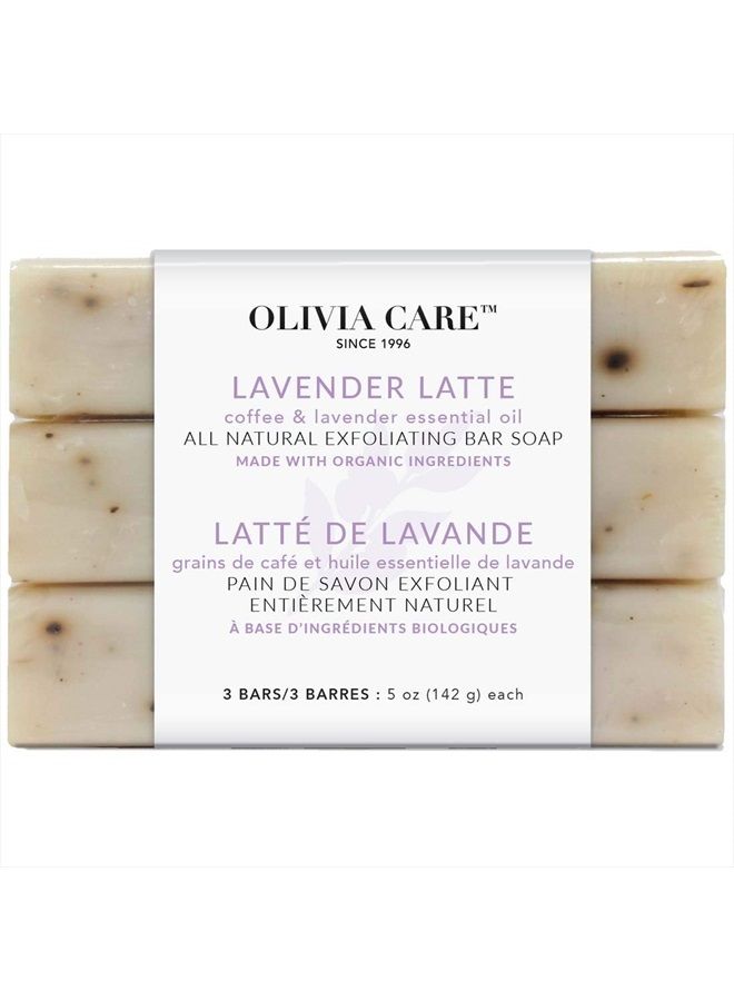Lavender Latte Exfoliating Bar Soap 3 Pack By Olivia Care - Natural, Organic. Infused with Coffee Bean & Lavender Essential Oil | Clean Energize Mind Body. Full of Vitamin & Antioxidants - 3 X 5 OZ