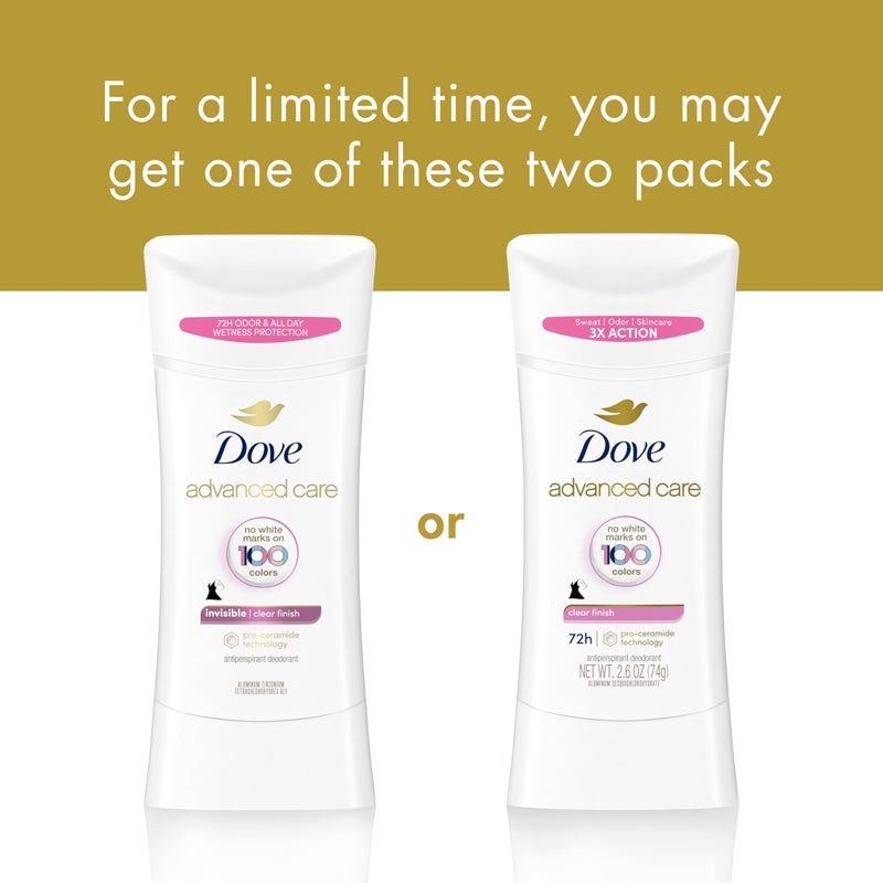 Dove دوف مزيل العرق المتقدم على شكل عصا للبشرة الناعمة والمرنة، لمسة نهائية واضحة بدون علامات بيضاء وحماية من العرق والرائحة لمدة 72 ساعة، 2.6 أونصة - Image 2